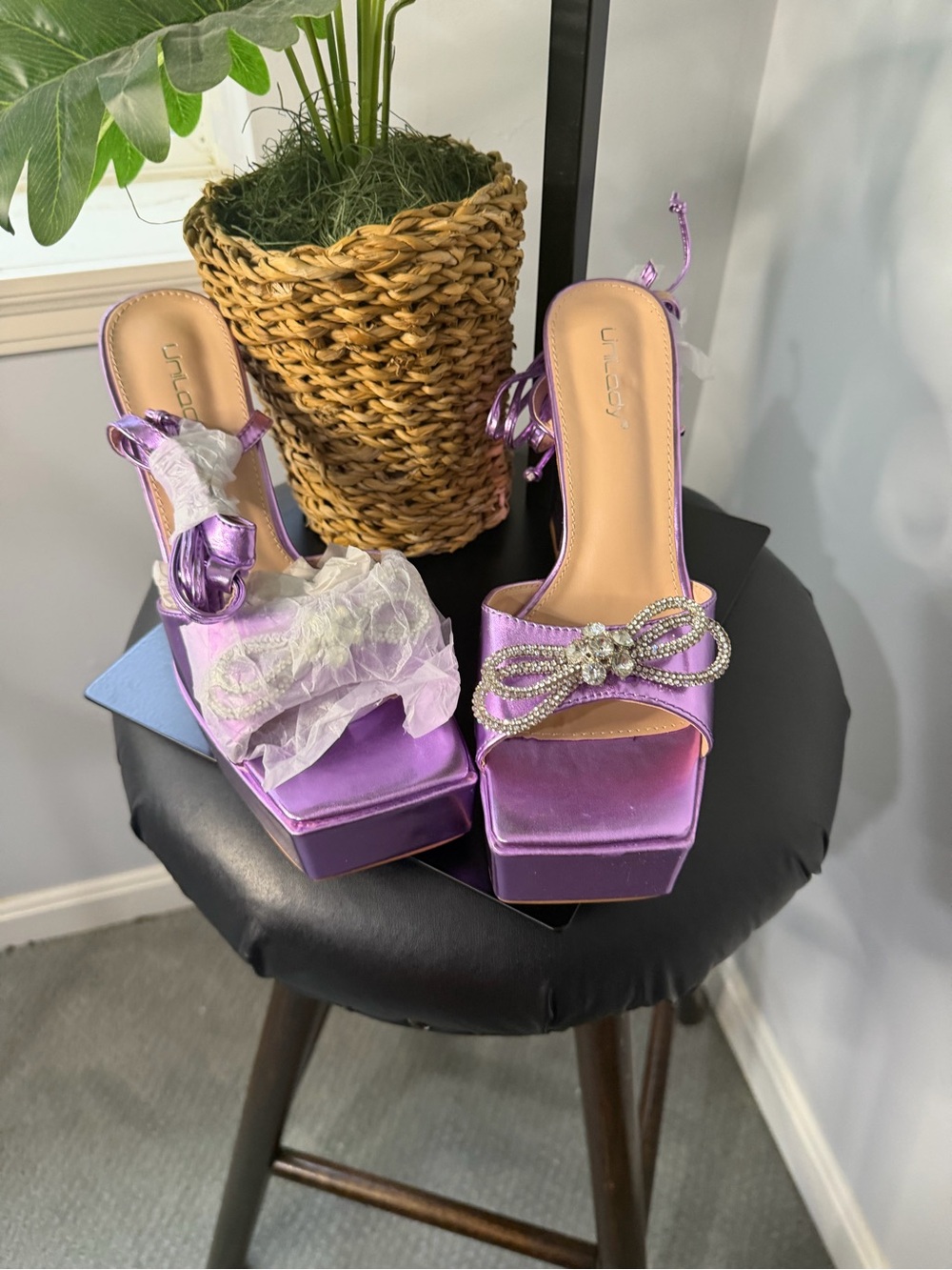 Lilac Satin Platform Slide Heels with Crystal Bow Accent